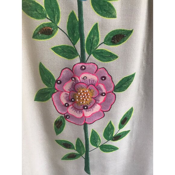 Vtg Orange Blue Pink Floral Beige Dress Sleeveless Sheath White Pearl Beads - Picture 4 of 10